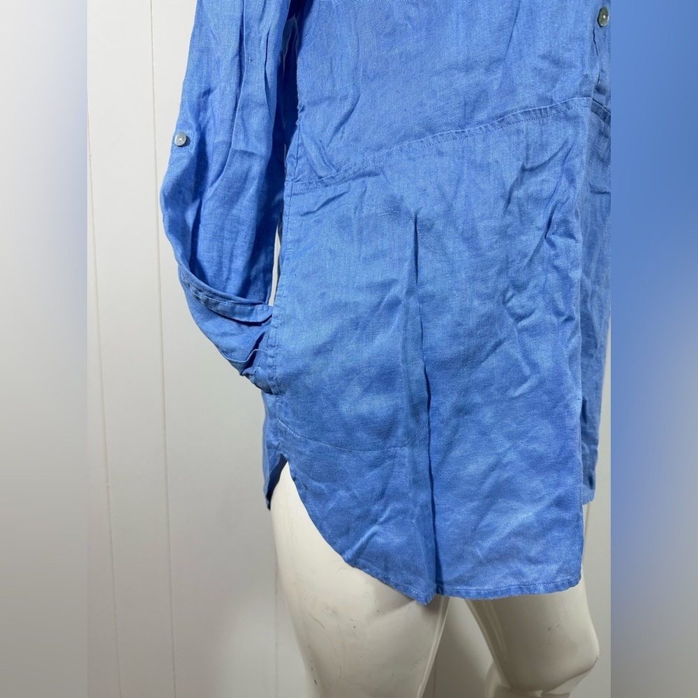 J Jill Love Linen Sz S Petite Blue Half Button Tunic With Side Pockets Roll Tab - Picture 4 of 12